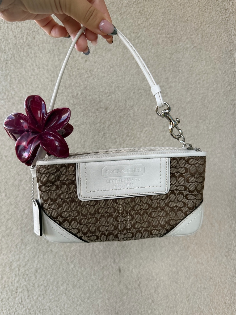 Coach Brown Signature Canvas Wristlet with White Trim
